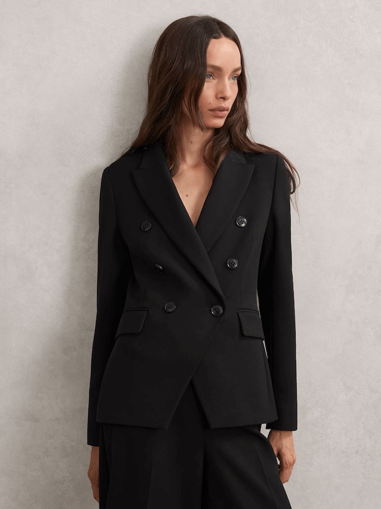 Model wearing Reiss Gabi Double-Breasted Suit Blazer, black double-breasted blazer with a classic collar and buttoned cuffs