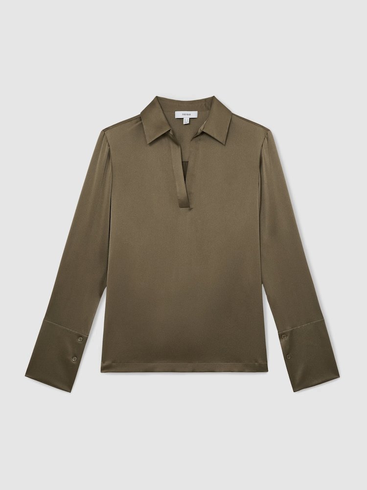 Reiss Marina Silk Open Collar blouse in khaki green with a classic collar, long sleeves, and a V-neck. The cuffs have two small buttons