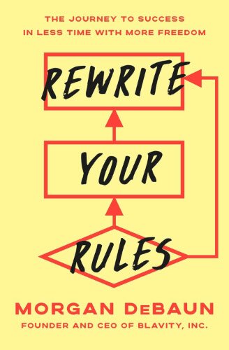 Cover of “Rewrite Your Rules: The Journey to Success in Less Time with More Freedom” by Morgan DeBaun, on a yellow background with the title in black font surrounded by red rectangles and red arrows pointing to each word, and the author name in red font below.