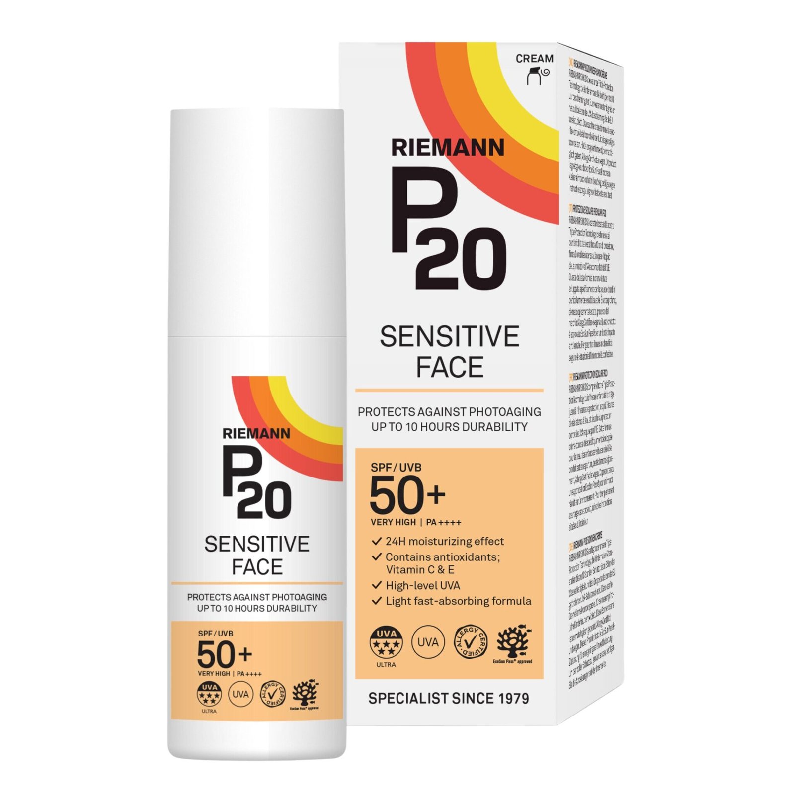 Riemann P20 Sensitive Face sun cream and box, featuring SPF 50+, moisturising effects, and UVA protection