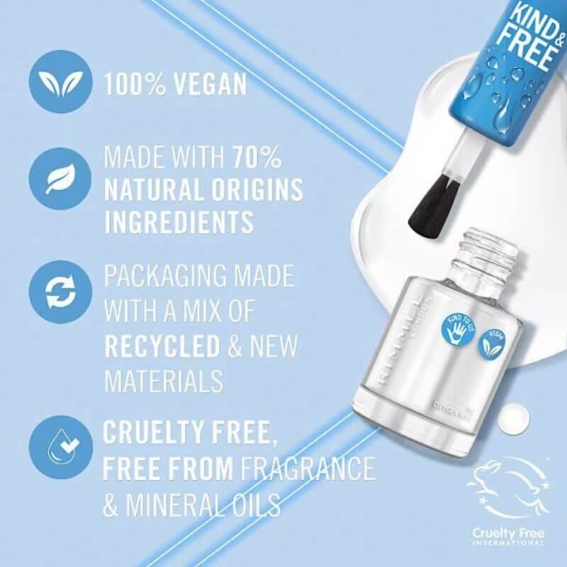 Bottle of Rimmel Kind & Free nail polish in a clear container with a blue cap, showcasing cruelty-free and vegan labels
