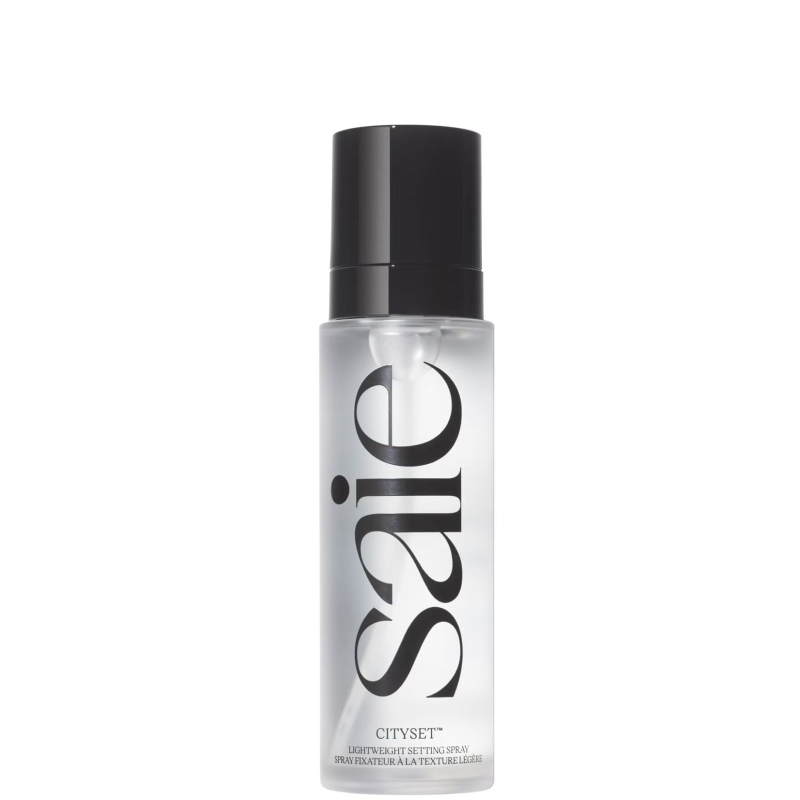 Clear bottle of Saie Cityset lightweight setting spray with a black cap