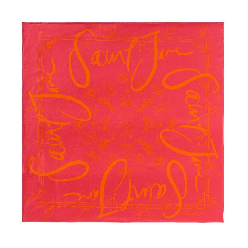 Saint Jane vibrant fuchsia scarf with the brand name in orange cursive writing, surrounded by a decorative border