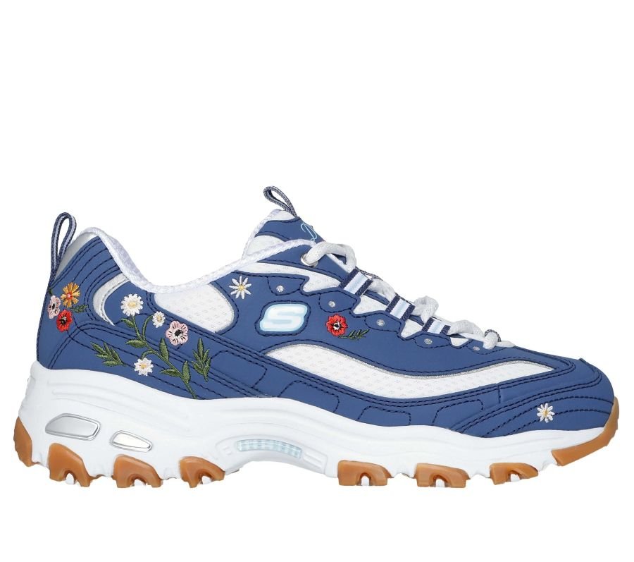 Blue Skechers D'Lites trainer with floral embroidery and white accents