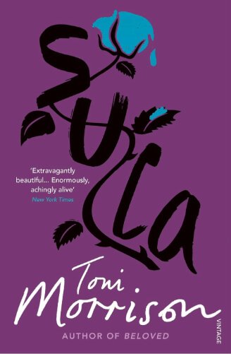 Cover of Sula by Toni Morrison, with a deep purple background and expressive, hand-lettered title accented by a small blue flower. The bold, artistic style mirrors the novel’s intense portrayal of friendship and community in the Black Midwest.