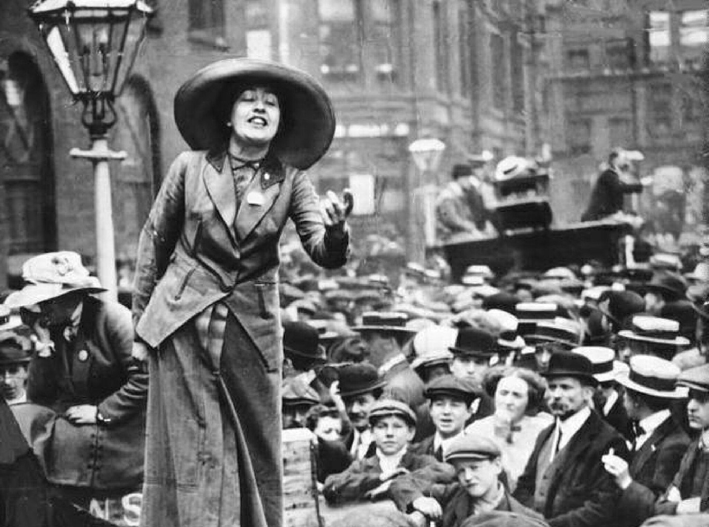 Sylvia Pankhurst speaking to a crowd of suffragettes during a women’s rights protest in London