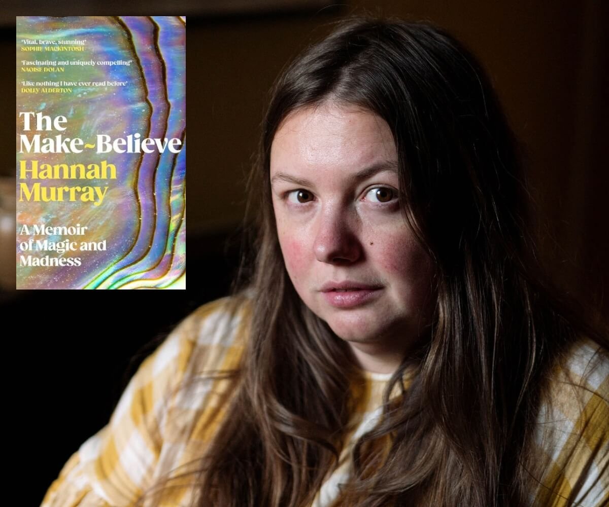 Hannah Murray, best known for playing Cassie in Skins, pictured alongside the cover of her memoir The Make-Believe: A Memoir of Magic and Madness. In the book, Murray discusses her bipolar disorder diagnosis, mental breakdown, decision to leave acting and experience joining a cult.