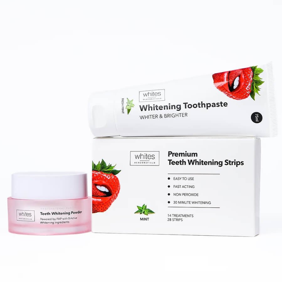 Whites Beaconsfield teeth whitening products including toothpaste, whitening strips, and powder in a clean layout