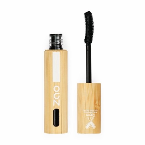 Zao Makeup No Drama Waterproof Mascara with bamboo tube - Zao Makeup bamboo mascara tube with a black mascara wand beside it